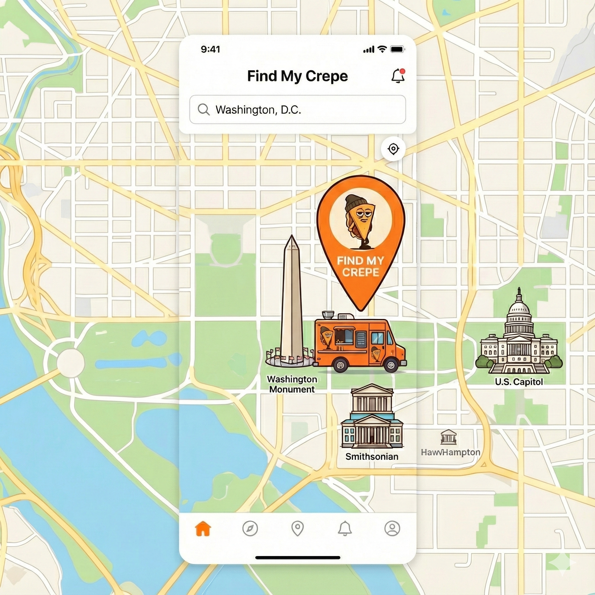 Find My Crepe app showing food truck location on a map